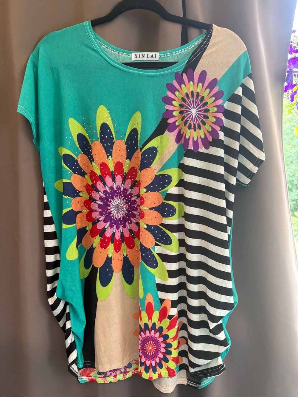 Teal Floral Striped Women's Top
